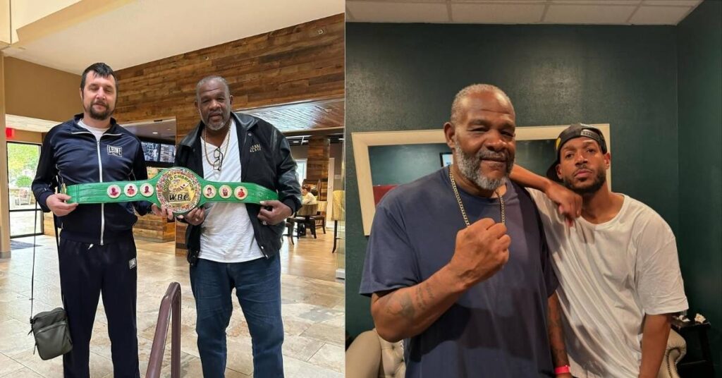 Riddick Bowe taking a pic with his friend with golden belt