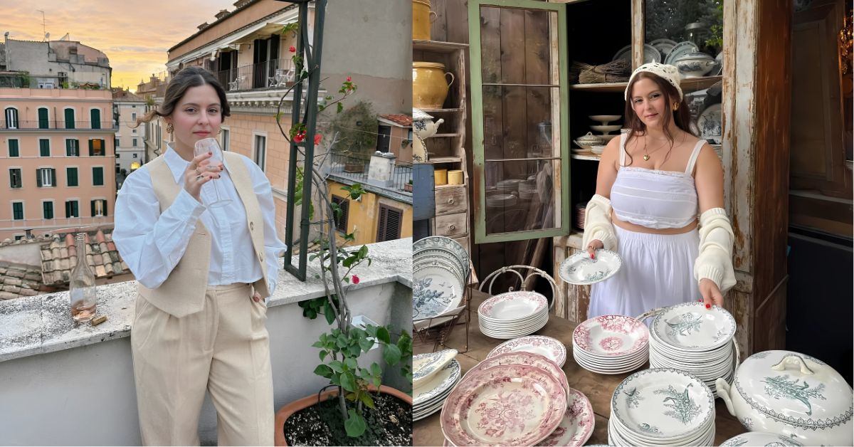 A person in a white dress is standing in front of a bunch of plates