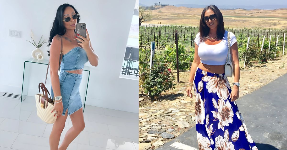 a person in a white crop top and blue floral skirt