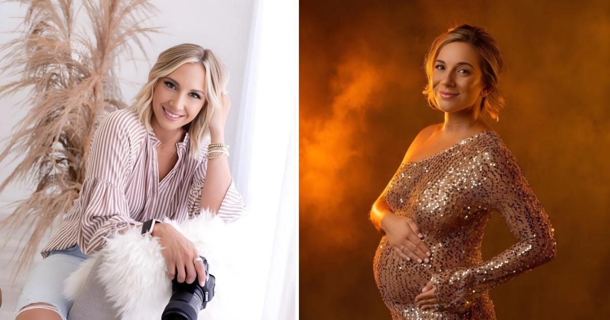 A pregnant person in a gold sequin dress