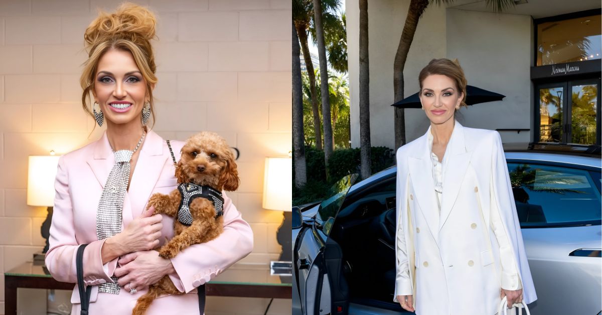 a person in a pink suit holding a small dog