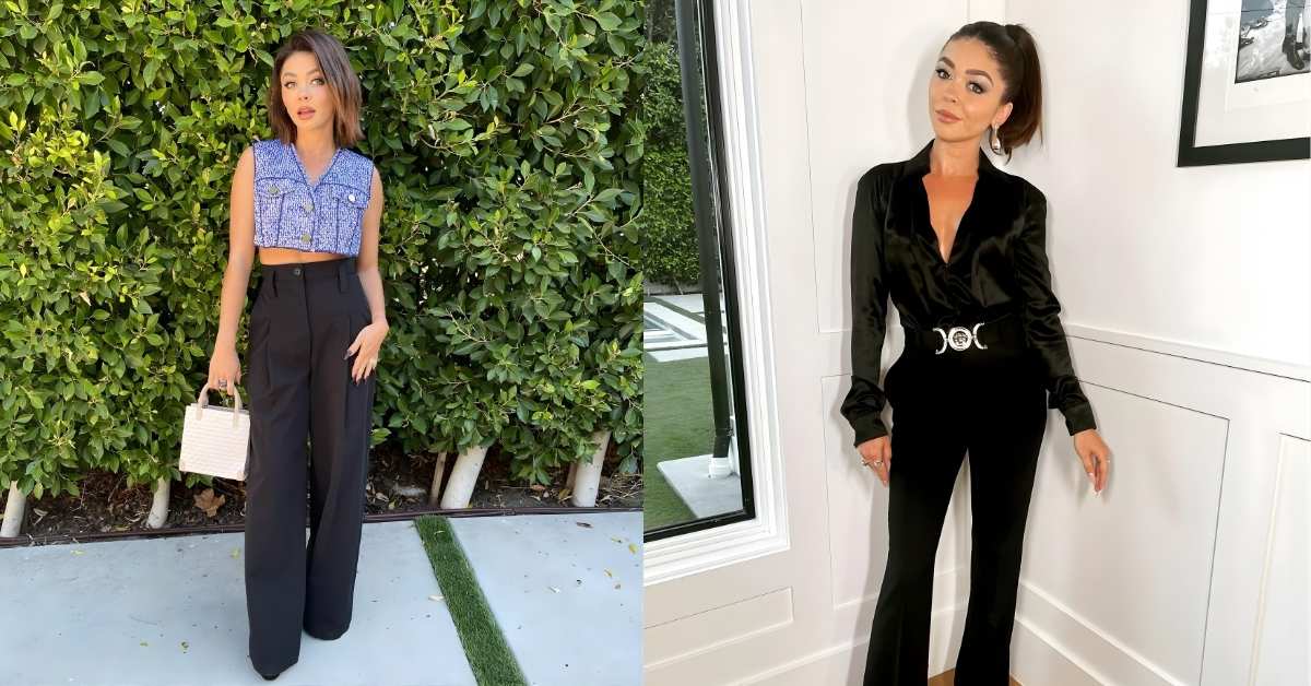 wearing a cropped top and wide legged pants